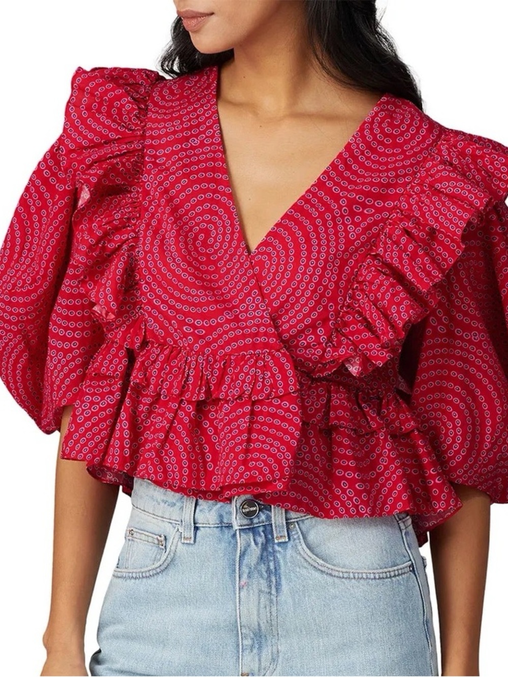RHODE Red Swirl Ruffle Peplum Blouse